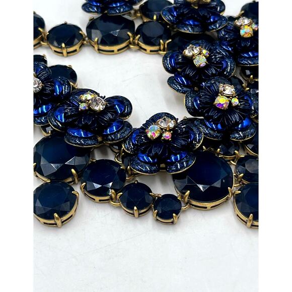 J. Crew Midnight Blue Glitter Floral Rhinestone Waterfall Statement Bib Necklace - Picture 6 of 16
